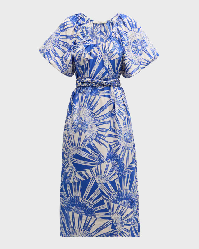 Foster Geo-Print Blouson-Sleeve Midi Dress
